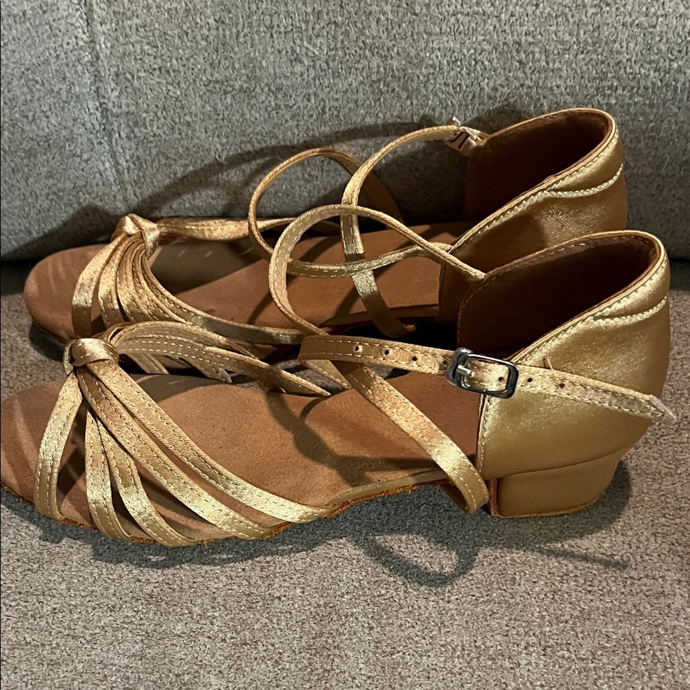 Elegant Gold Women's Strappy Low Heel Latin Dance Sandals. Size 6.